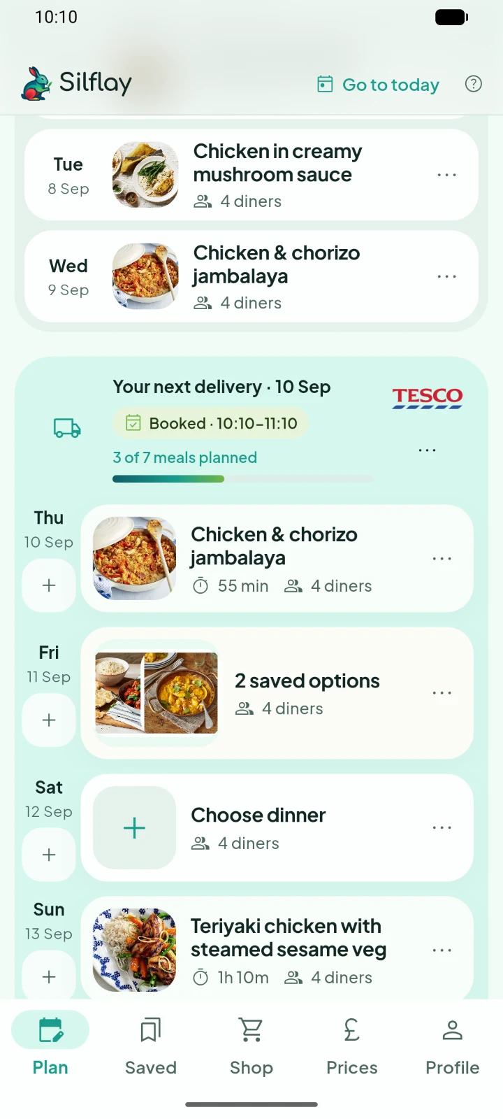 Silflay meal planning timeline on Android