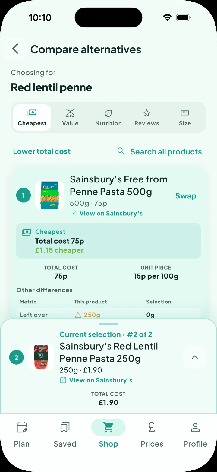 Silflay product comparison on iPhone
