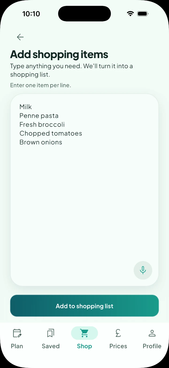 Silflay shopping list on iPhone
